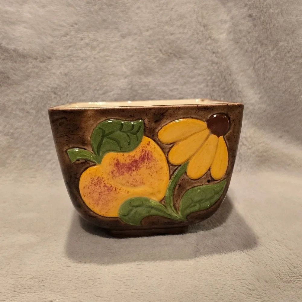 Vintage Embossed Peach Daisy Ceramic Square Bowl Brown Rustic Kitchen Decor